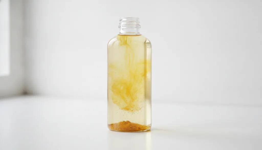 A clear glass bottle containing Johnson s baby oil with vibrant yellow turmeric powder infused placed on a clean backgro