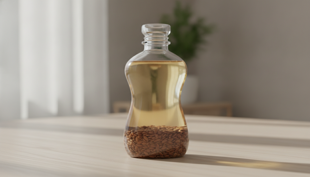 A clear glass bottle with Johnson s baby oil and flax seeds visibly submerged ready for infusion
