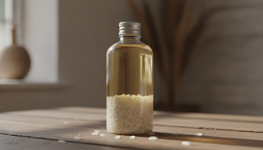 A clear glass bottle filled with Johnson s baby oil and white rice grains submerged at the bottom glowing in natural lig