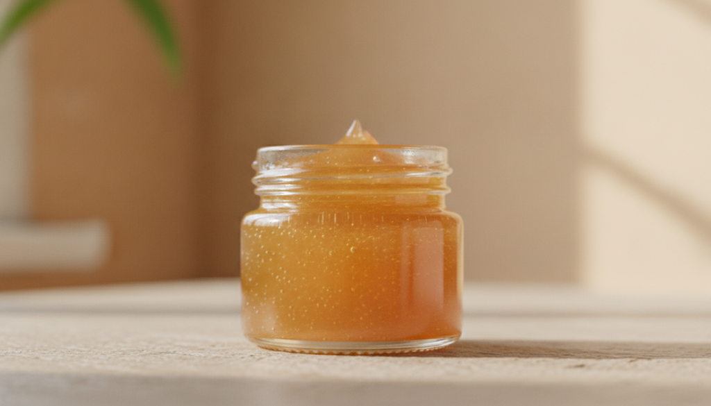 A small clean glass jar filled with the prepared Vaseline and honey mixture with a smooth balm-like texture Natural ligh