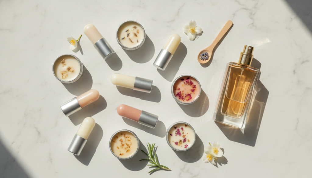 A variety of homemade solid perfume sticks in different small containers next to a conventional perfume bottle on a ligh