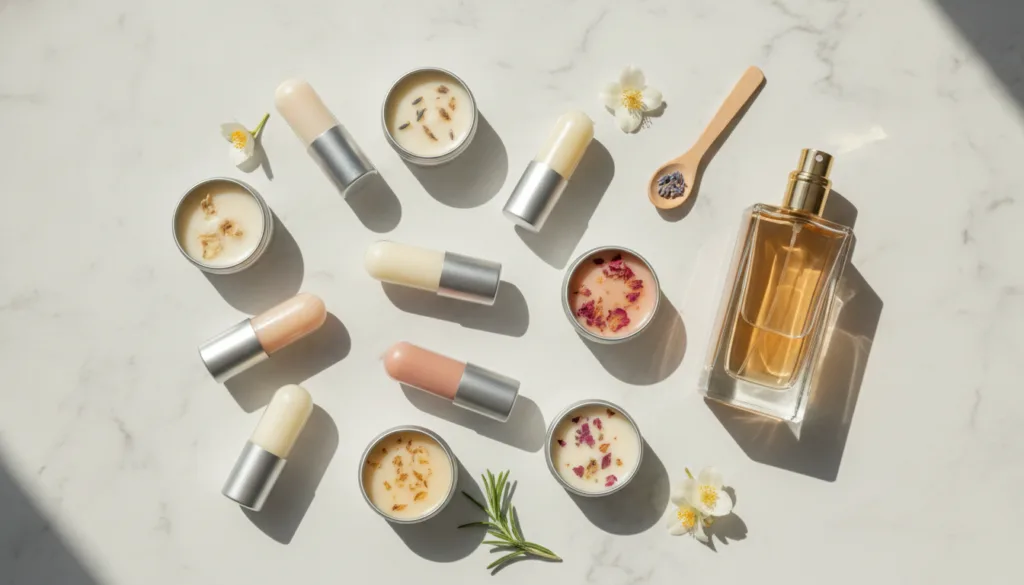 A variety of homemade solid perfume sticks in different small containers next to a conventional perfume bottle on a ligh