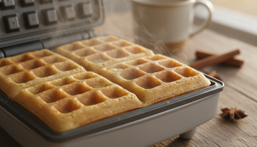 A close-up of a waffle maker cooking a pumpkin spice eggnog waffle showing the golden-brown color and steam rising