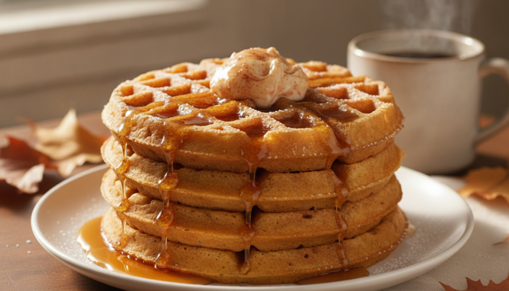 A stack of golden-brown pumpkin spice eggnog waffles on a white plate drizzled with warm maple syrup and topped with a d