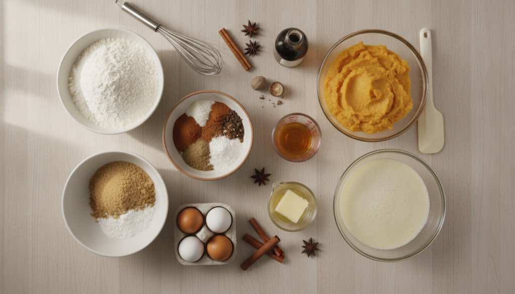All the wet and dry ingredients for pumpkin spice eggnog waffles laid out on a kitchen counter flour baking powder pumpk