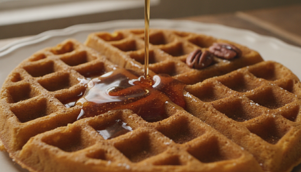 A close-up of a pumpkin spice eggnog waffle being drizzled with warm maple syrup showcasing the golden color and soft te