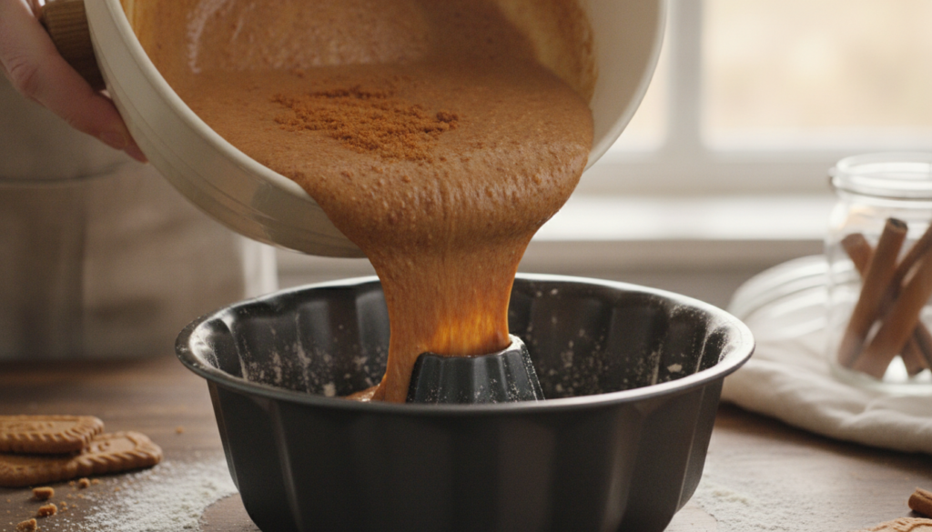 A close-up shot of the Biscoff Bundt cake batter being poured into a greased and floured Bundt pan