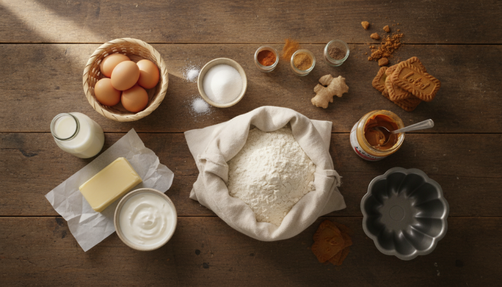 A flat lay of all the Biscoff Bundt cake ingredients laid out on a kitchen counter flour sugars spices eggs butter butte