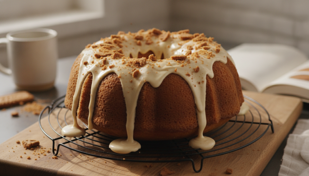 A beautifully baked Biscoff Bundt cake golden brown with a luscious Biscoff cream cheese frosting drizzled over it sitti