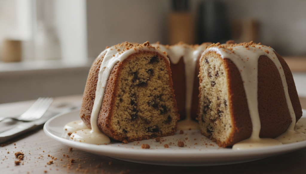 A beautifully sliced Biscoff Bundt cake showing its moist crumb and visible crushed cookie pieces with a dollop of frost