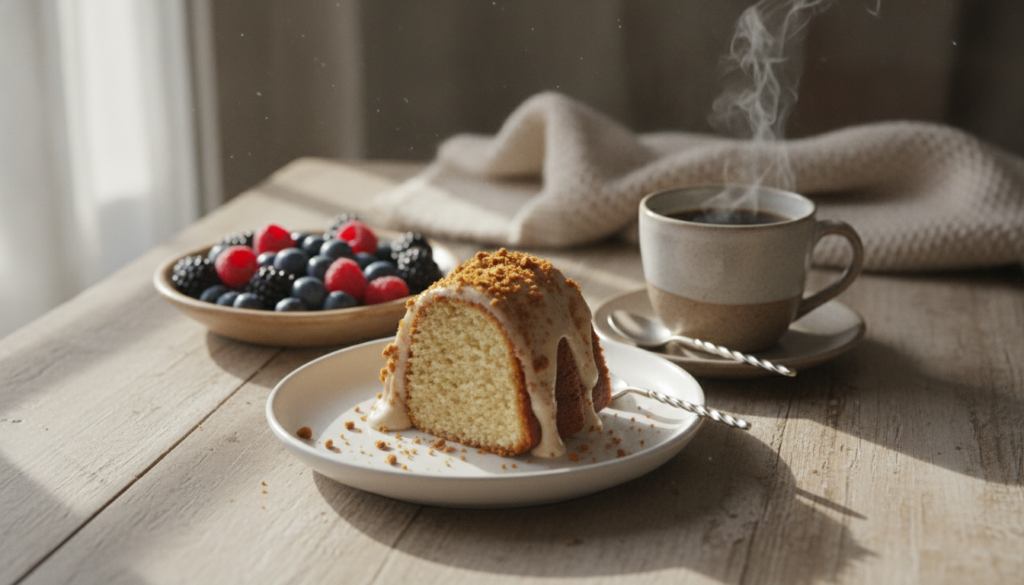 A slice of Biscoff Bundt cake served on a plate with a warm cup of coffee and a small side of fresh berries