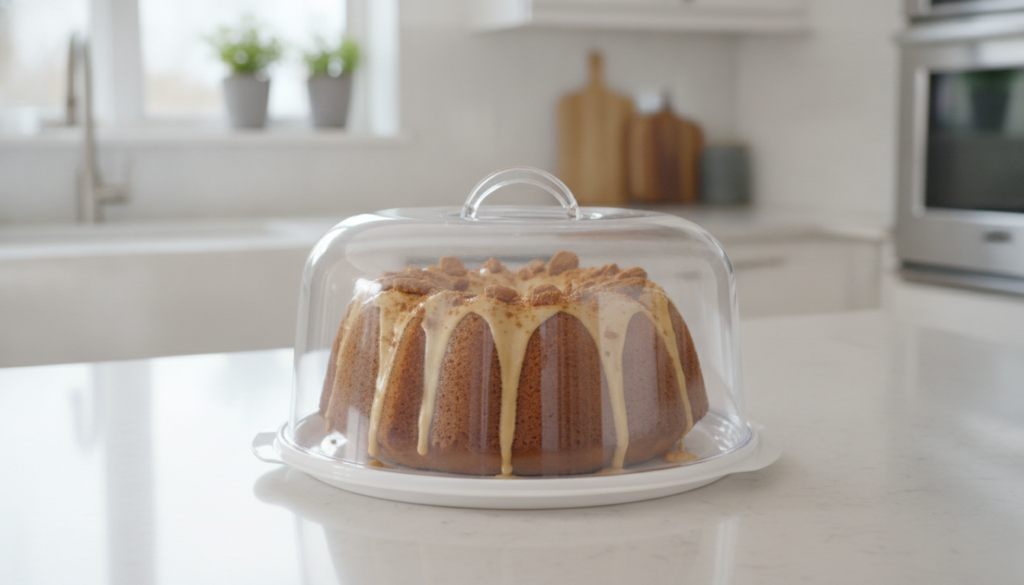 A Biscoff Bundt cake stored in an airtight cake carrier on a kitchen counter