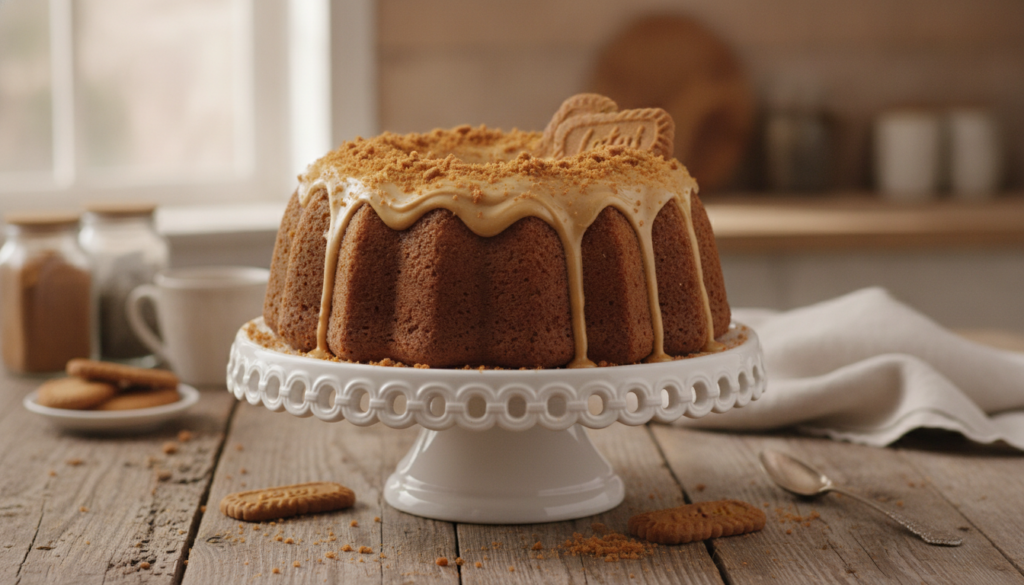 A final shot of the fully frosted Biscoff Bundt cake on a decorative cake stand ready to be served with soft focus on th
