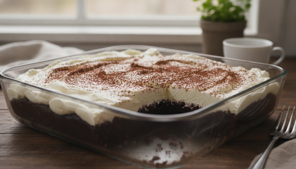 A square baking dish filled with freshly baked Tiramisu Brownies showing the dark brownie layer a thick creamy white mas