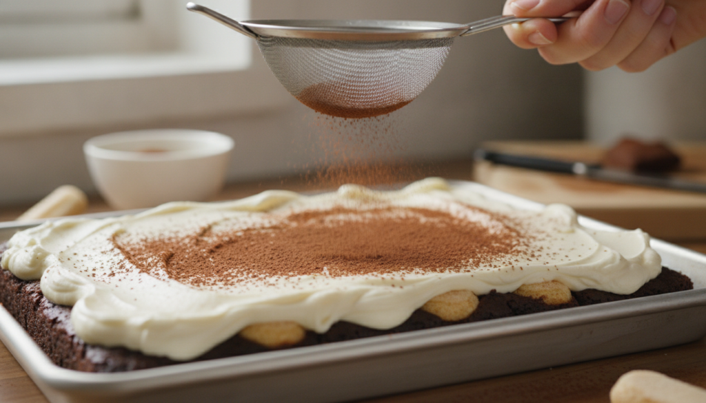 A close-up of a hand dusting cocoa powder over a tray of frosted Tiramisu Brownies ready to be sliced The layers of brow