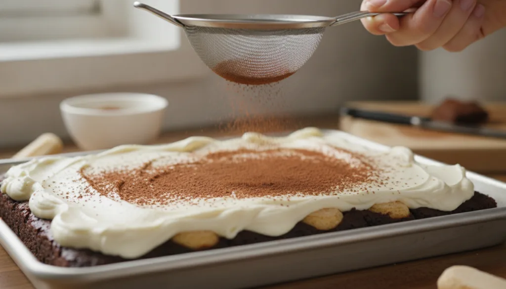 A close-up of a hand dusting cocoa powder over a tray of frosted Tiramisu Brownies ready to be sliced The layers of brow