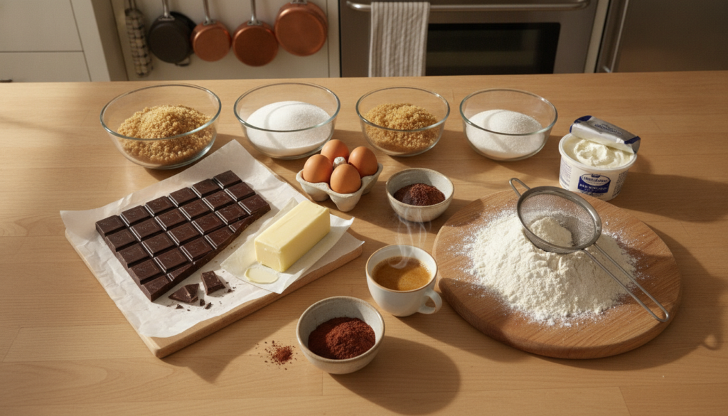 Various baking ingredients laid out on a kitchen counter dark chocolate butter sugars eggs flour cocoa powder espresso a