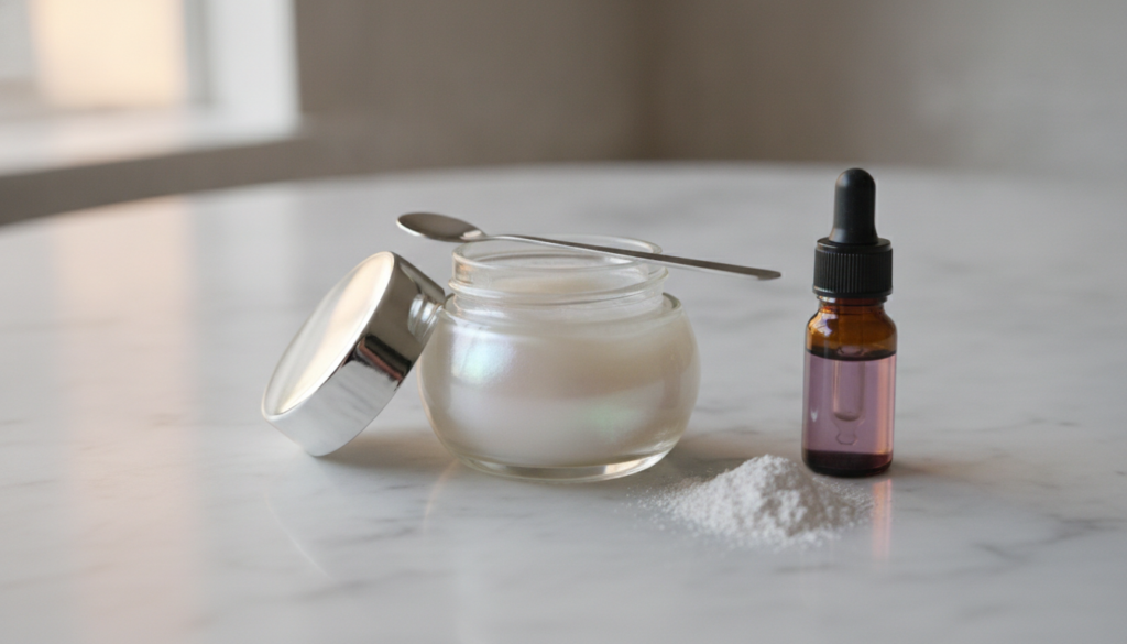 Close-up of a small glass jar filled with a freshly made shimmering scent balm with a subtle glow visible A few drops of