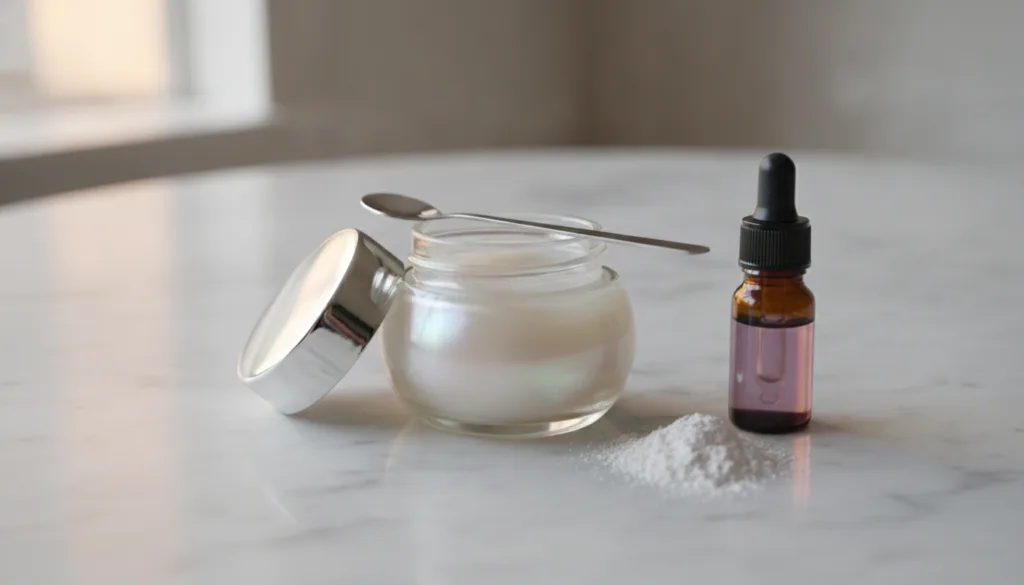 Close-up of a small glass jar filled with a freshly made shimmering scent balm with a subtle glow visible A few drops of