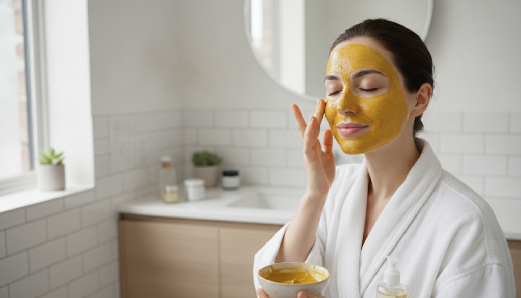 A woman gently applying a bright yellow turmeric and baby oil mask to her clean face with her fingertips in a well-lit b