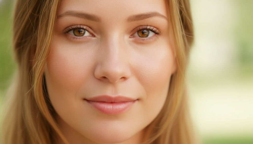 A close-up of a woman s radiant clear face after using a face mask with a soft warm glow Her skin looks smooth and hydra