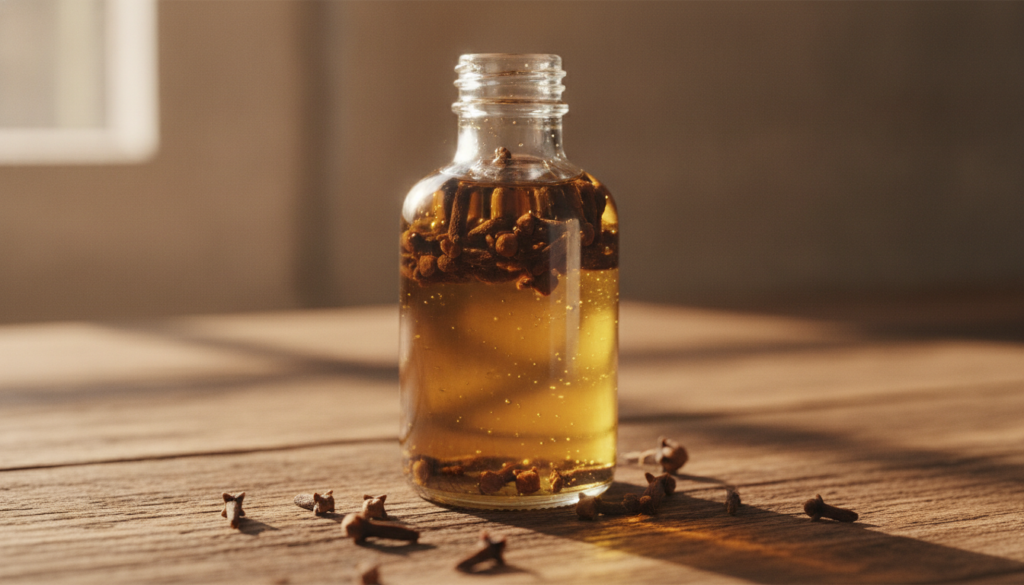 A close-up of a glass bottle of baby oil with whole cloves infusing inside placed on a wooden surface with a scattering 