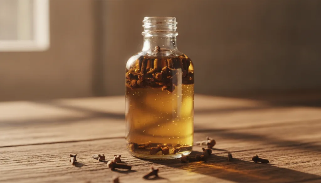 A close-up of a glass bottle of baby oil with whole cloves infusing inside placed on a wooden surface with a scattering 