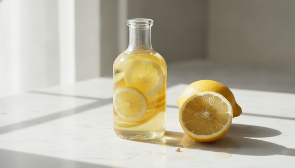 A glass bottle of baby oil with fresh lemon slices infusing inside placed next to a cut lemon and a few scattered lemon 