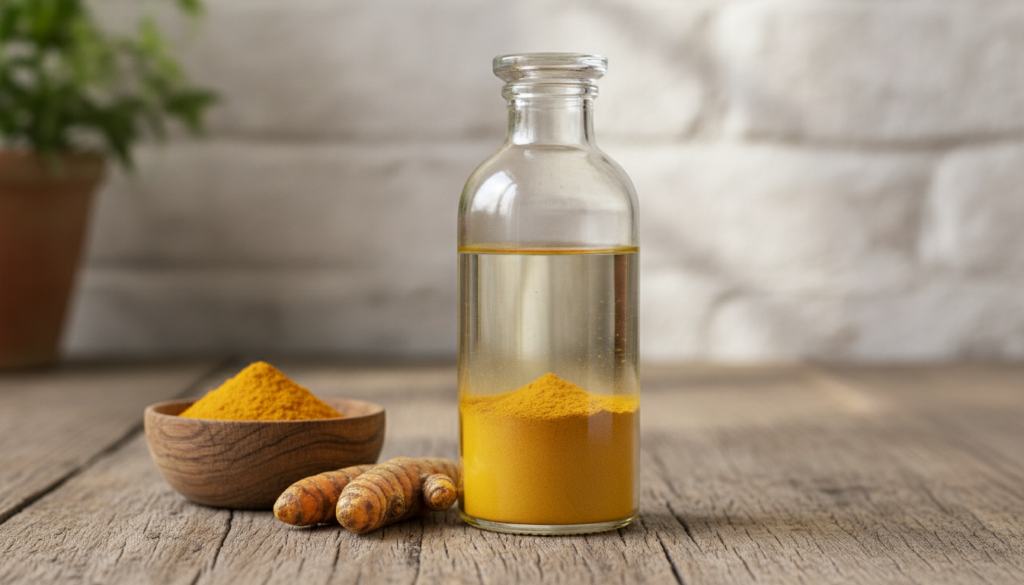 A clear glass bottle of baby oil with vibrant yellow turmeric powder settled at the bottom placed beside a small bowl of