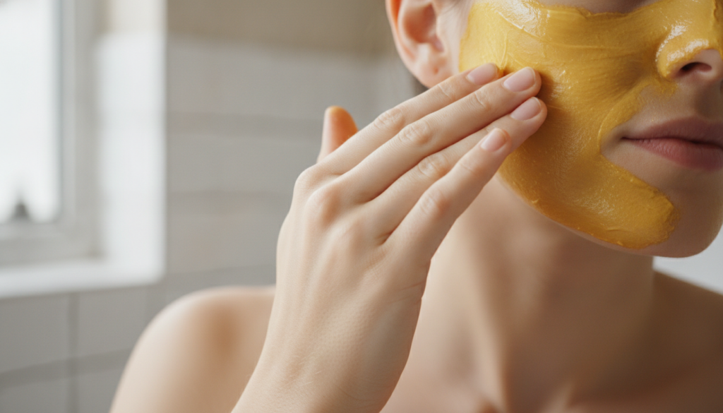 A close-up of a person s clean hand applying a golden-yellow turmeric and Vaseline mask to their cheek demonstrating the