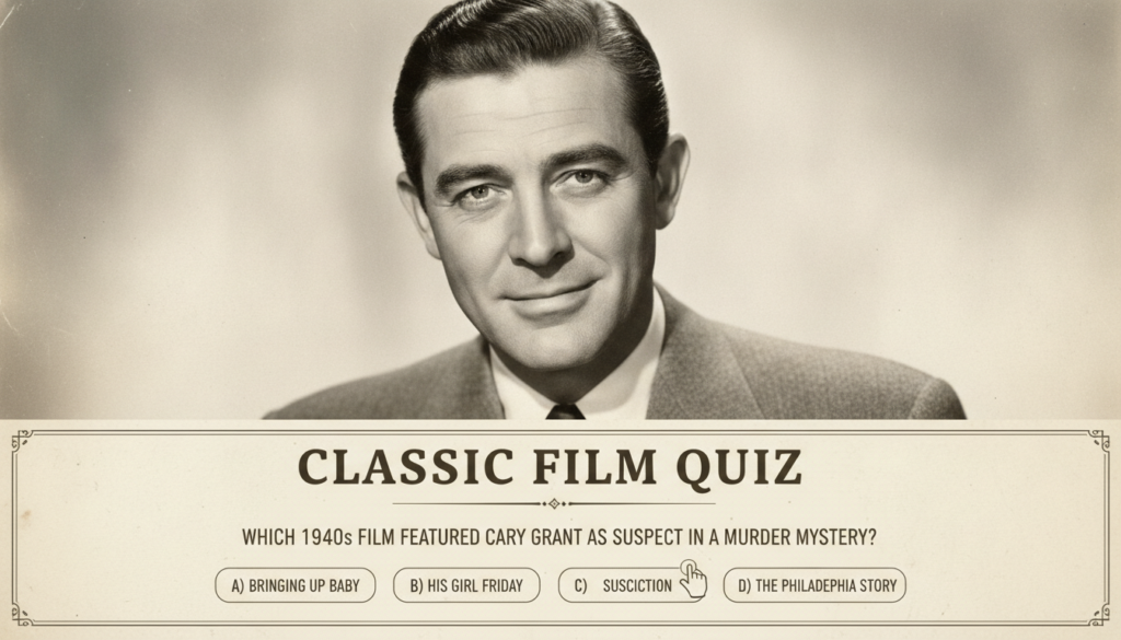 A black and white headshot of Cary Grant with a quiz question overlay showing multiple choice options
