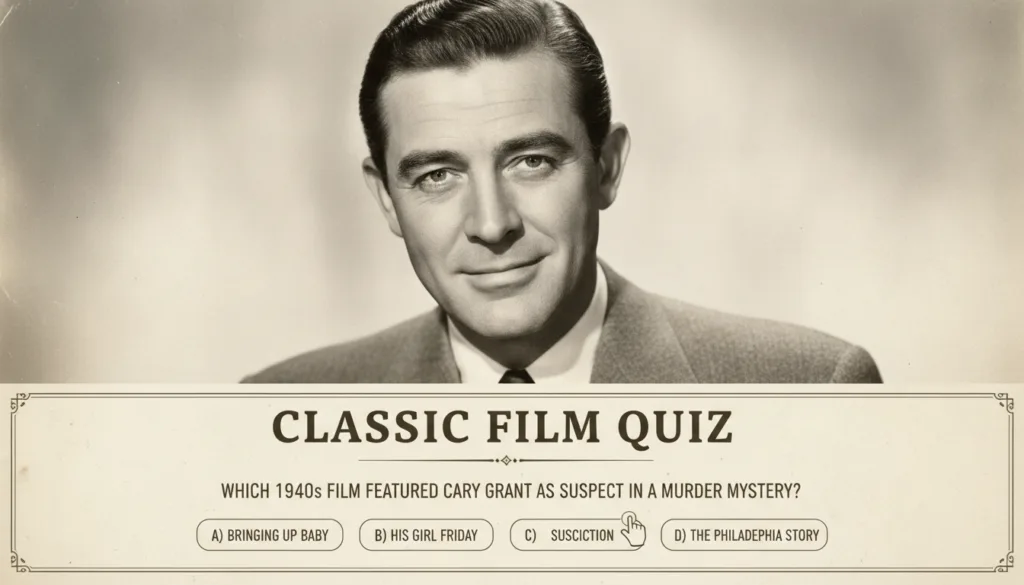 A black and white headshot of Cary Grant with a quiz question overlay showing multiple choice options