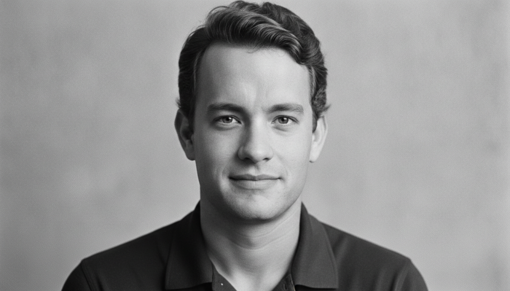 A black and white headshot of a young Tom Hanks smiling subtly and looking directly at the camera