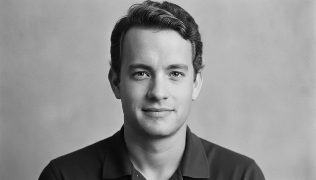 A black and white headshot of a young Tom Hanks smiling subtly and looking directly at the camera