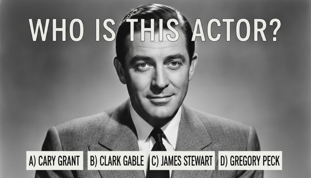 Black and white portrait of Cary Grant smiling presented as a multiple-choice quiz image