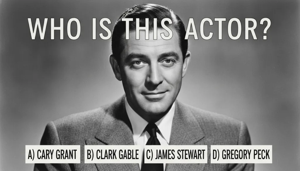Black and white portrait of Cary Grant smiling presented as a multiple-choice quiz image