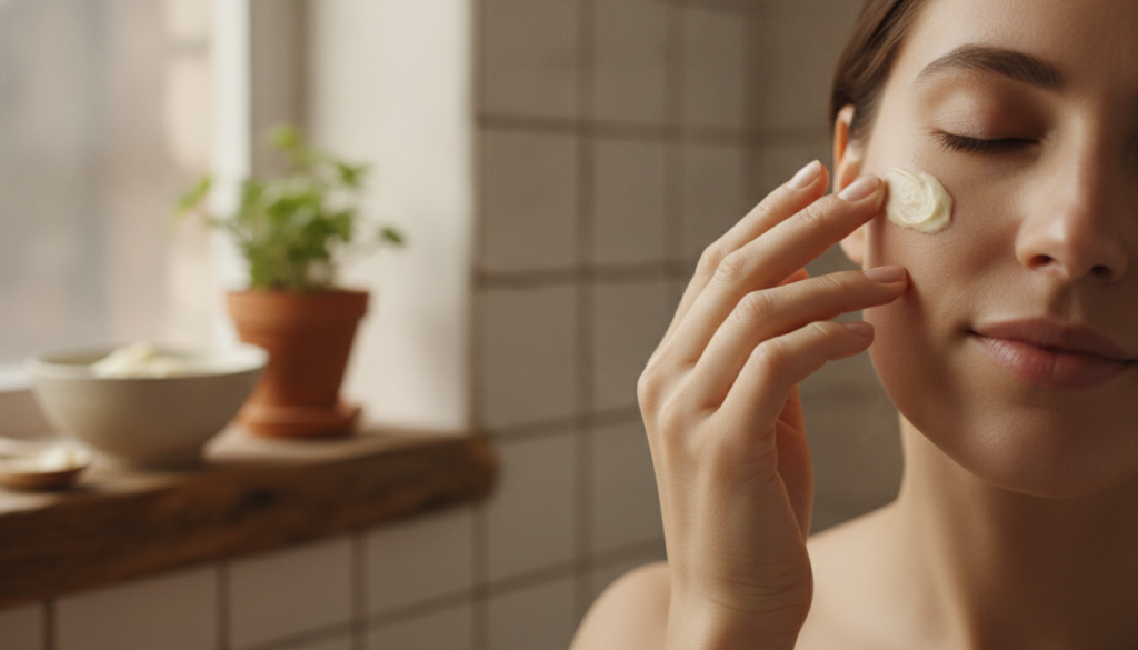 A person applying a homemade face cream gently to their cheek demonstrating the application of the DIY collagen elixir
