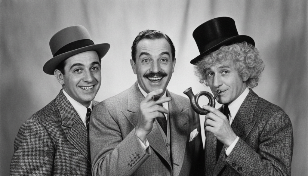 A black-and-white promotional photograph of The Marx Brothers Groucho Harpo and Chico possibly with Zeppo in a pose remi