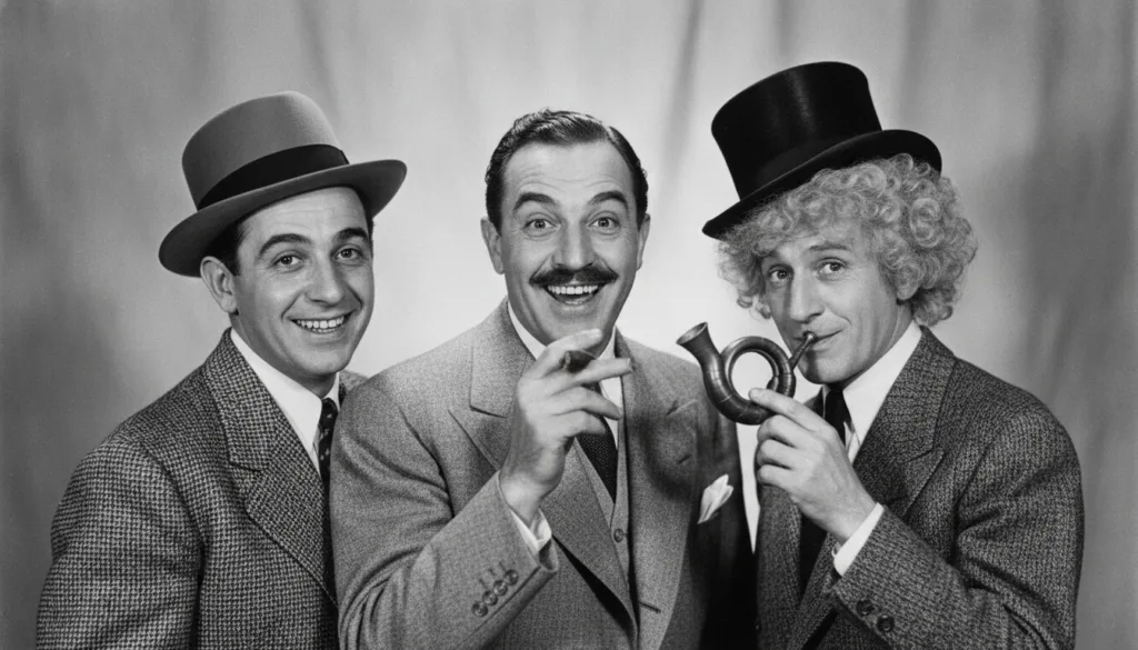 A black-and-white promotional photograph of The Marx Brothers Groucho Harpo and Chico possibly with Zeppo in a pose remi