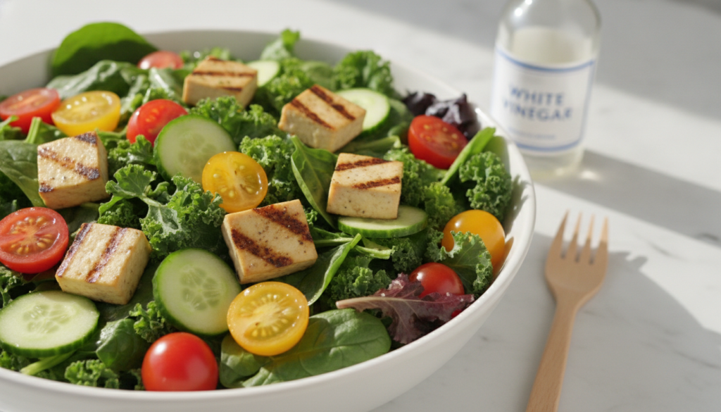 A vibrant vegan salad with a light vinaigrette showcasing fresh vegetables and plant-based protein with a small bottle o