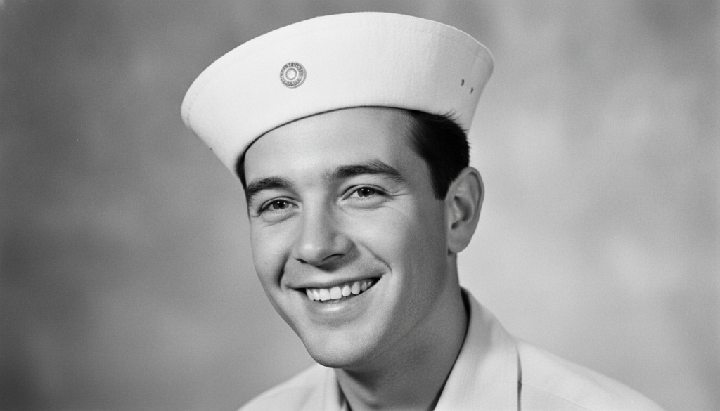 A black and white portrait of a smiling young Jerry Lewis wearing a sailor hat typical of a classic Hollywood quiz image