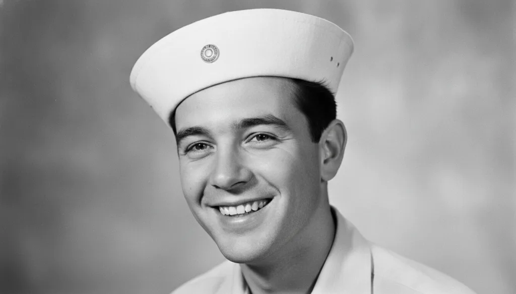 A black and white portrait of a smiling young Jerry Lewis wearing a sailor hat typical of a classic Hollywood quiz image