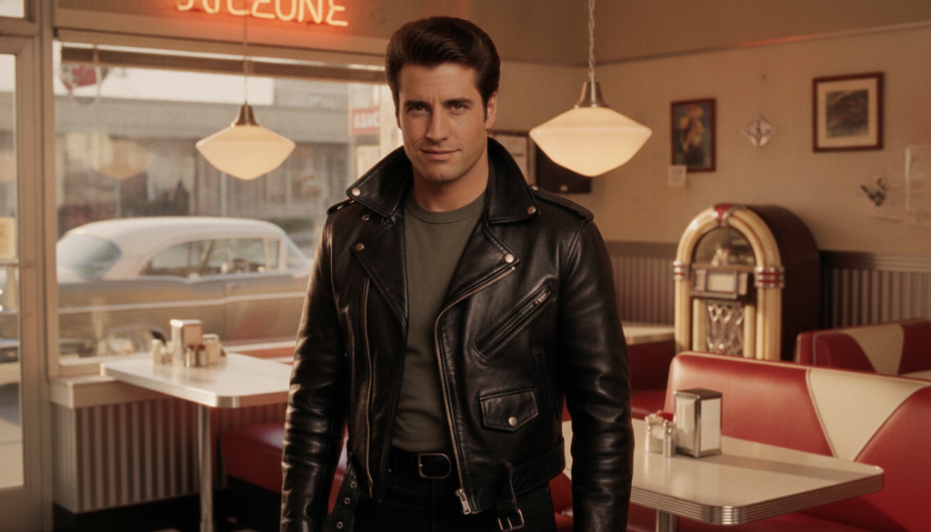 John Travolta as Danny Zuko in Grease wearing a black leather jacket with a confident smirk