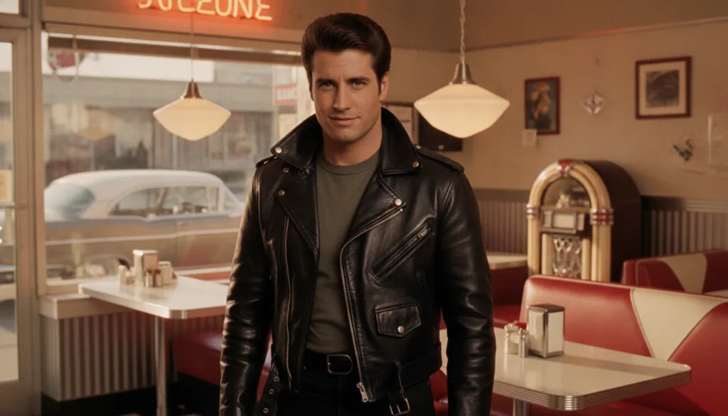 John Travolta as Danny Zuko in Grease wearing a black leather jacket with a confident smirk