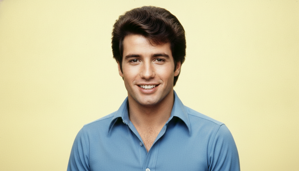 A youthful John Travolta from his Grease or Saturday Night Fever era smiling charismatically