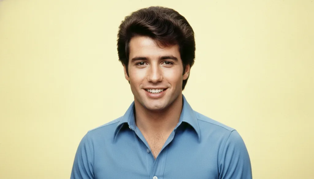 A youthful John Travolta from his Grease or Saturday Night Fever era smiling charismatically