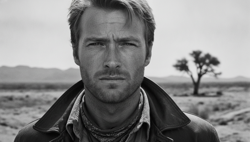 Black and white close-up portrait of a young Clint Eastwood with a serious slightly squinting expression embodying his W