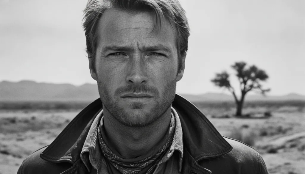 Black and white close-up portrait of a young Clint Eastwood with a serious slightly squinting expression embodying his W