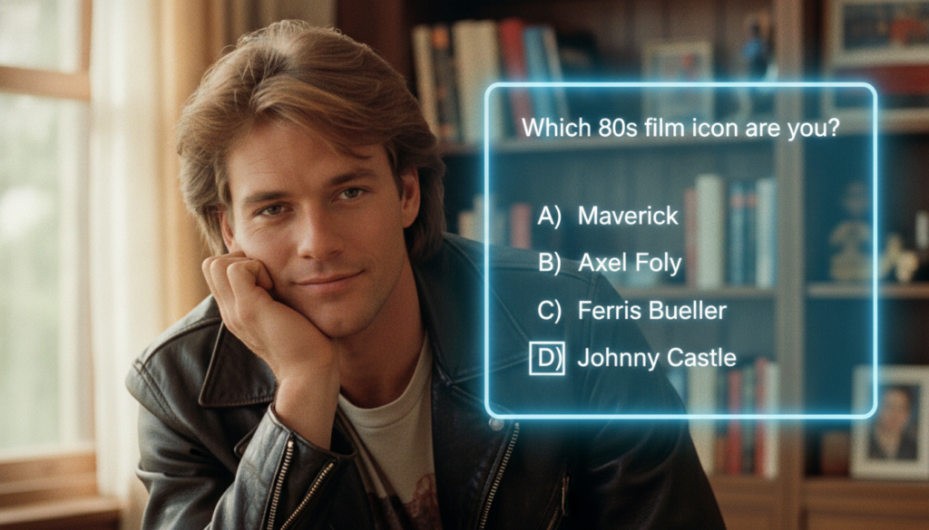 A vintage-style headshot of Patrick Swayze from the 1980s presented as a multiple-choice quiz question