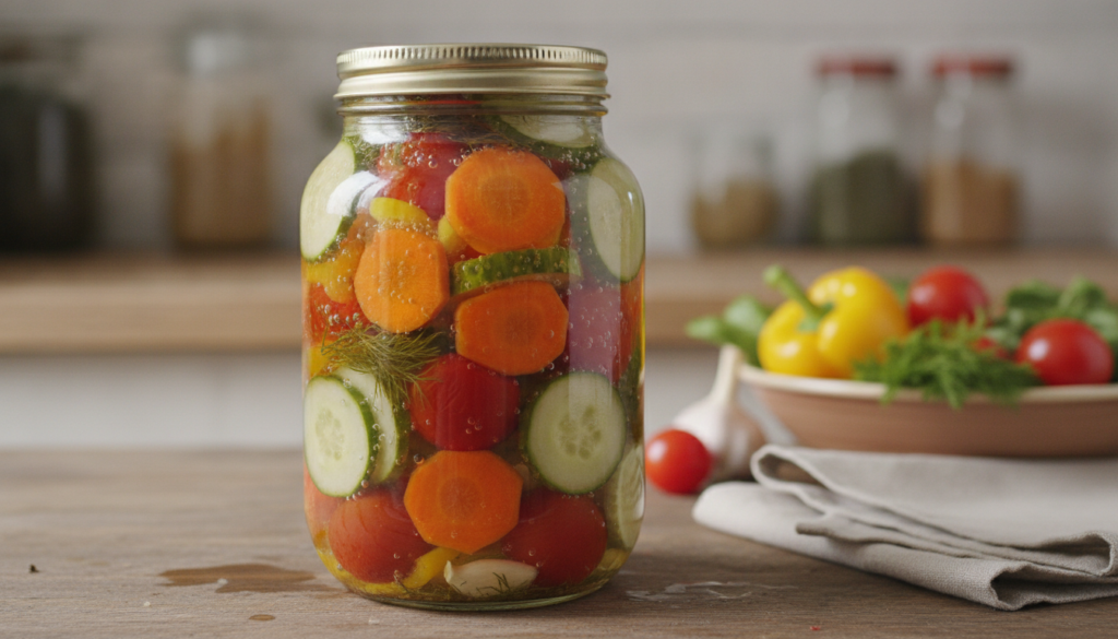 A glass jar filled with colorful pickled vegetables like carrots and cucumbers illustrating the preserving power of vine